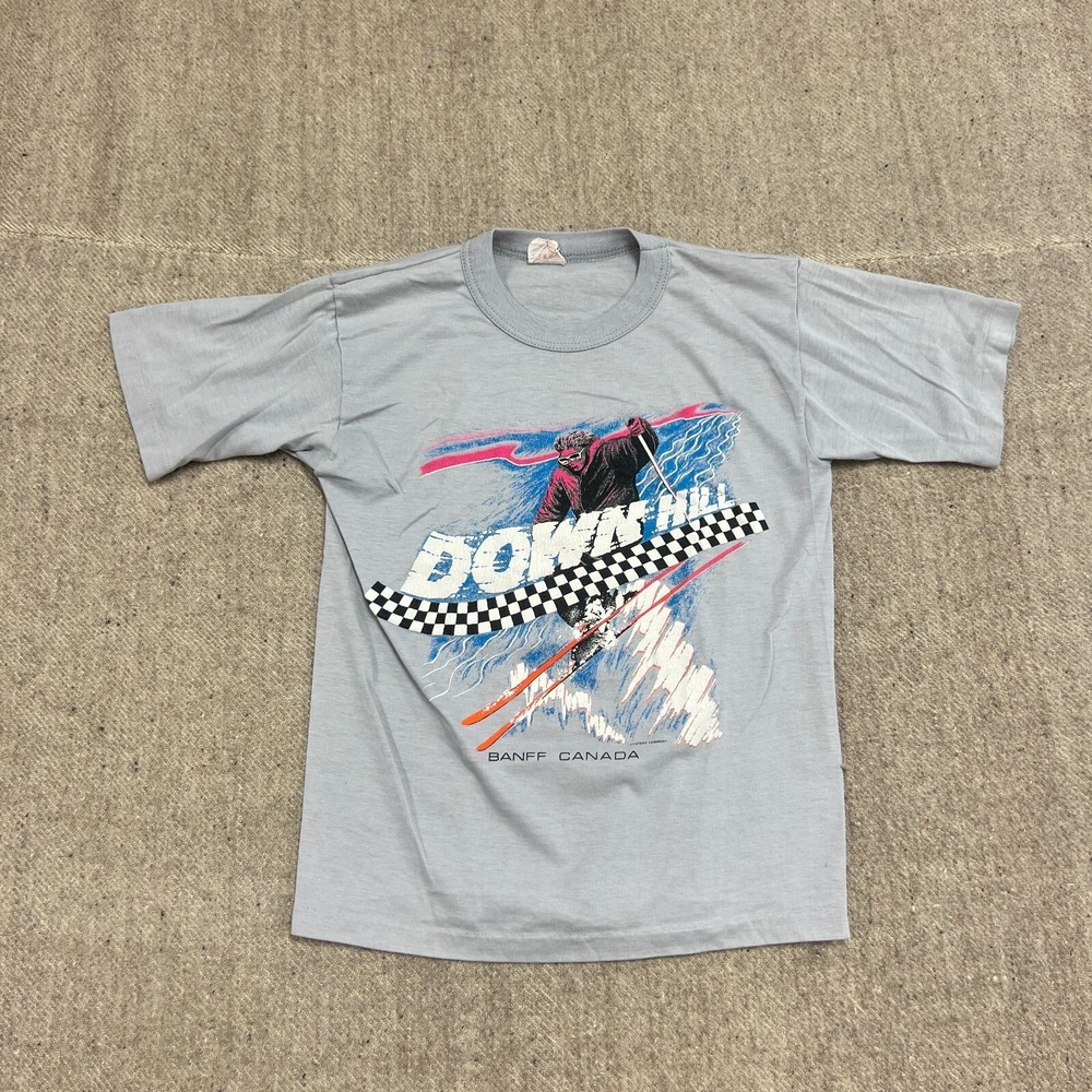 vintage Skiing Shirt Mens XS Gray 1980s Banff Canada
